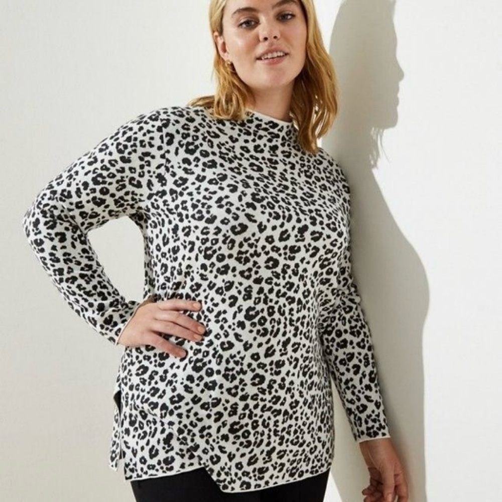 Loft Mockneck Sweater Cheetah Black Cream Leopard Cotton Size XL Cotton